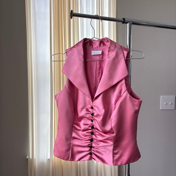 dressbarn Tops - 90s Vintage Dressbarn Top 10 Pink Satin Ruched Vest Button Office Siren Glam Y2K